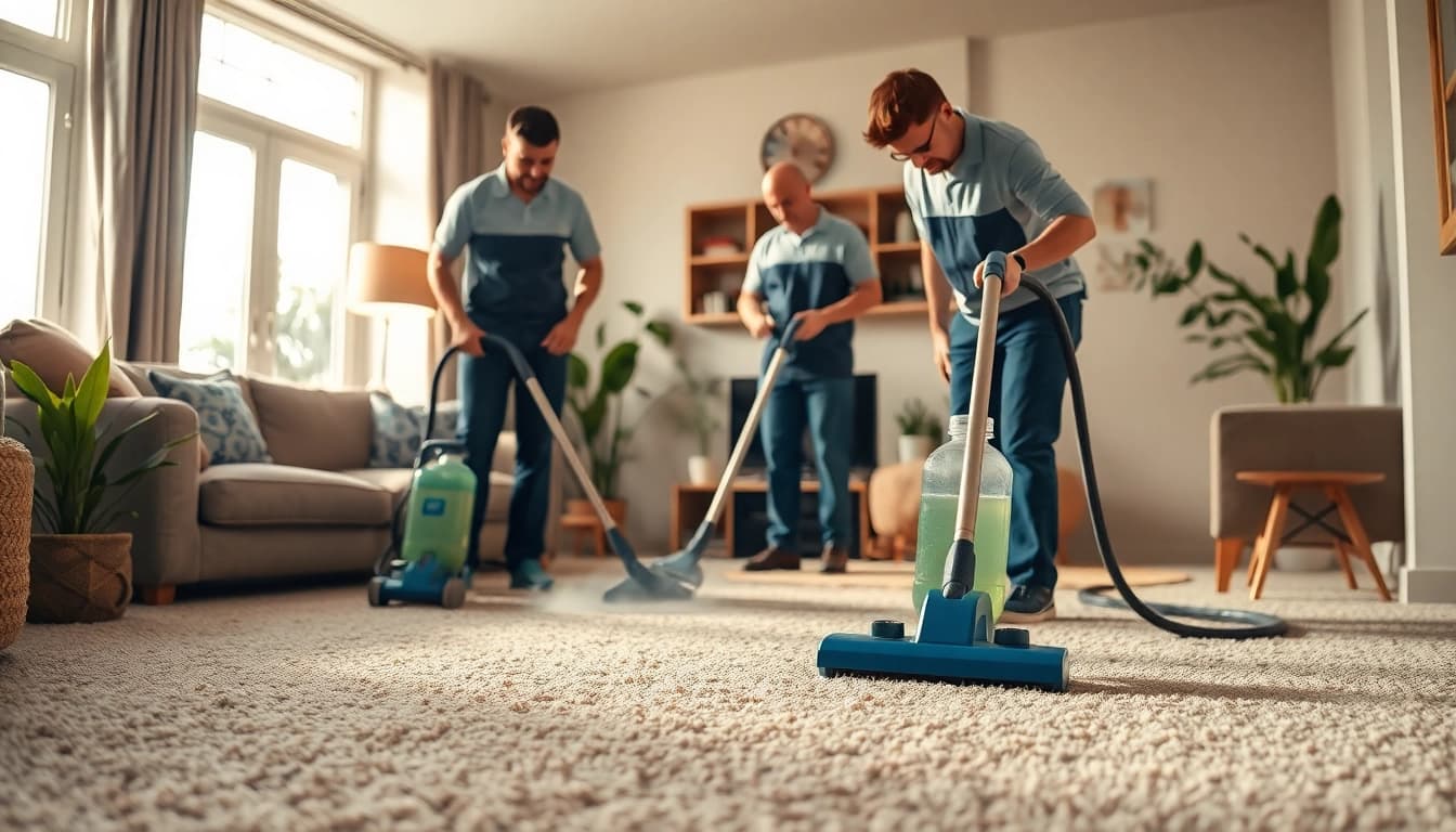 Skilled local carpet cleaners rejuvenating carpets in a bright, inviting living room.
