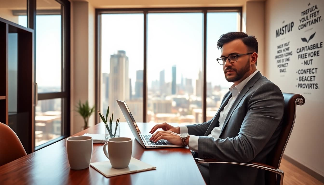 Business coach los Angeles engaged in a video call with a client in a modern office.