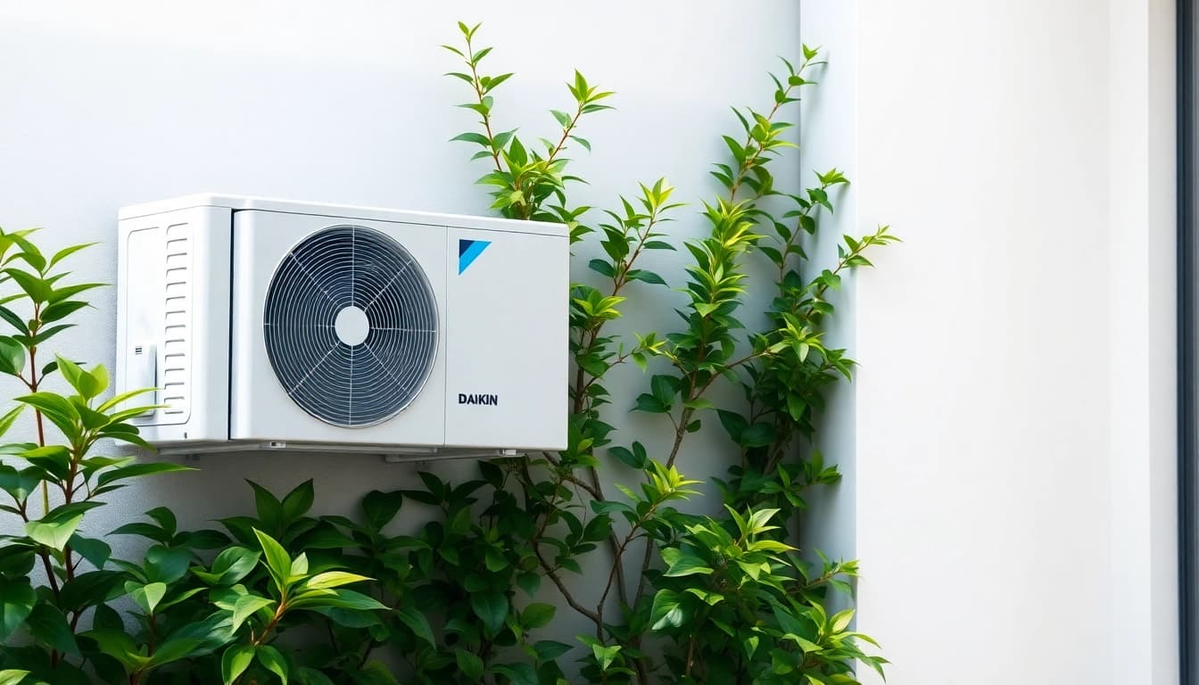 Showcase of a daikin mini split AC unit installed on a modern wall amidst greenery.