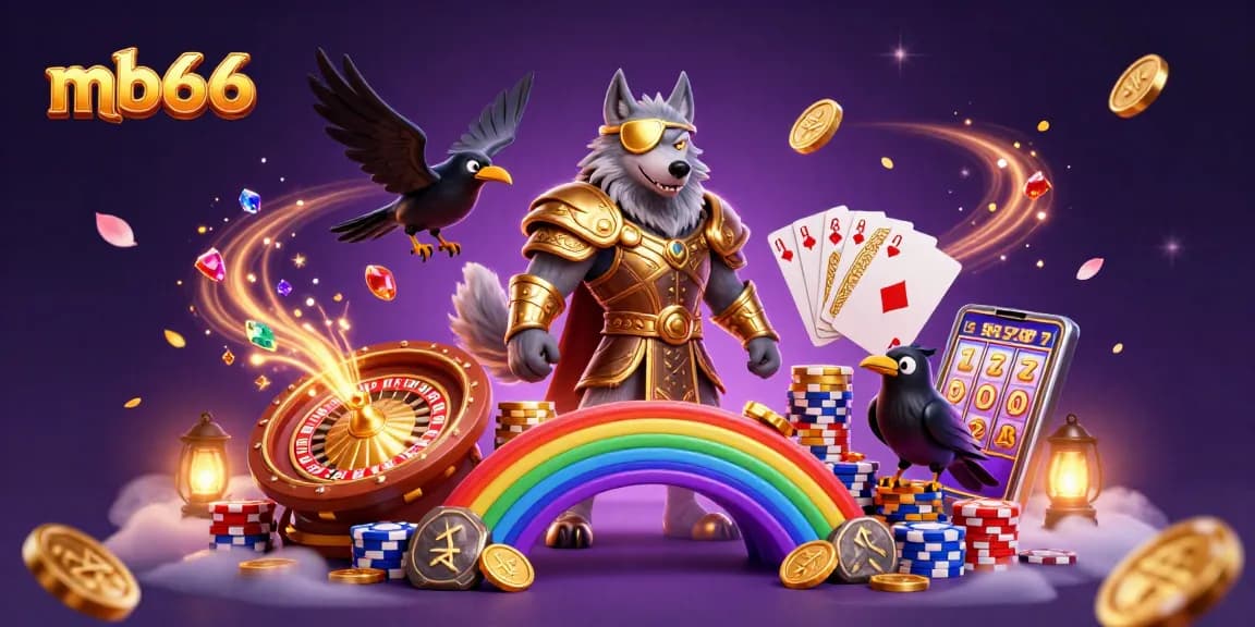 Spin the reels and win big with mb66: a vibrant casino scene logo illustration.