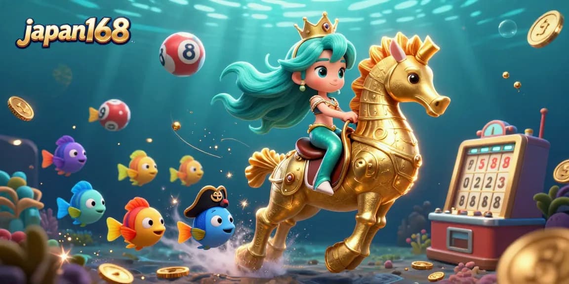 Engage with the vibrant lottery scene featuring japan168 and a mermaid princess with a seahorse amidst dynamic game elements.