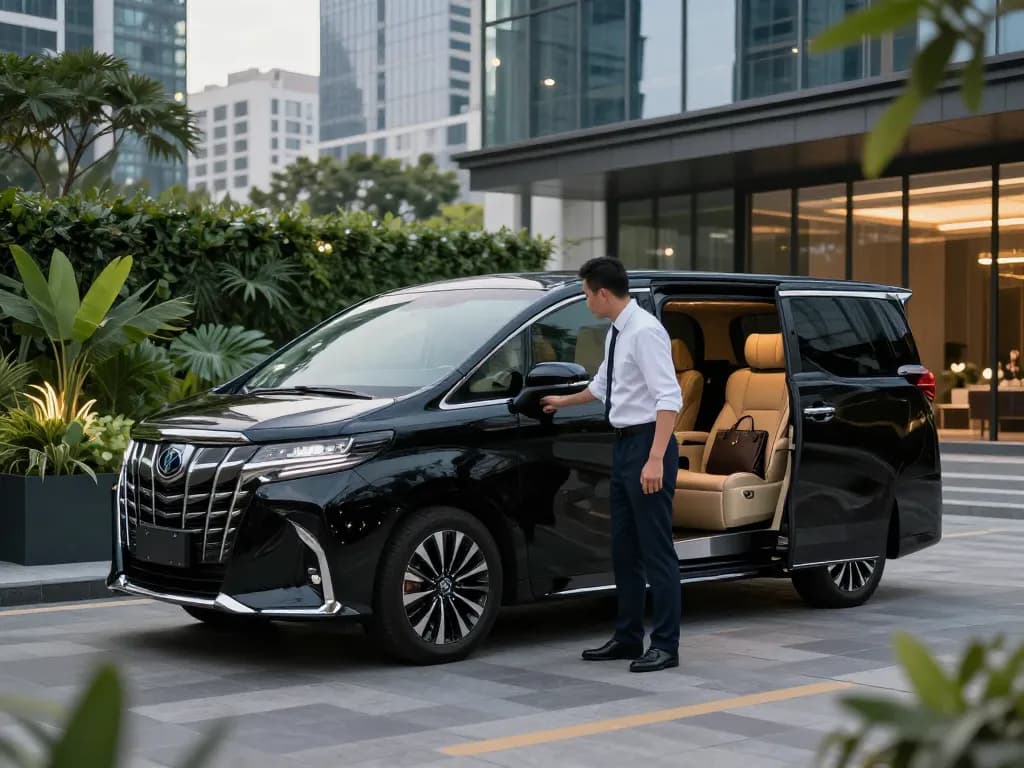 Cho thuê ô tô sang trọng với dịch vụ cho thuê xe Toyota Alphard, đi kèm tài xế chuyên nghiệp và vẻ đẹp đô thị.