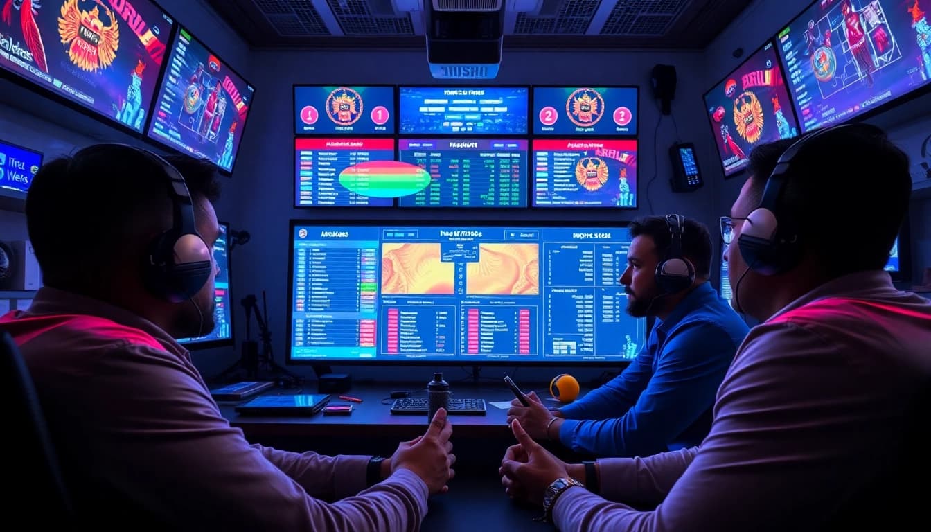 Engaging scene showcasing cricket analysts discussing IPL prediction tips with advanced analytics.