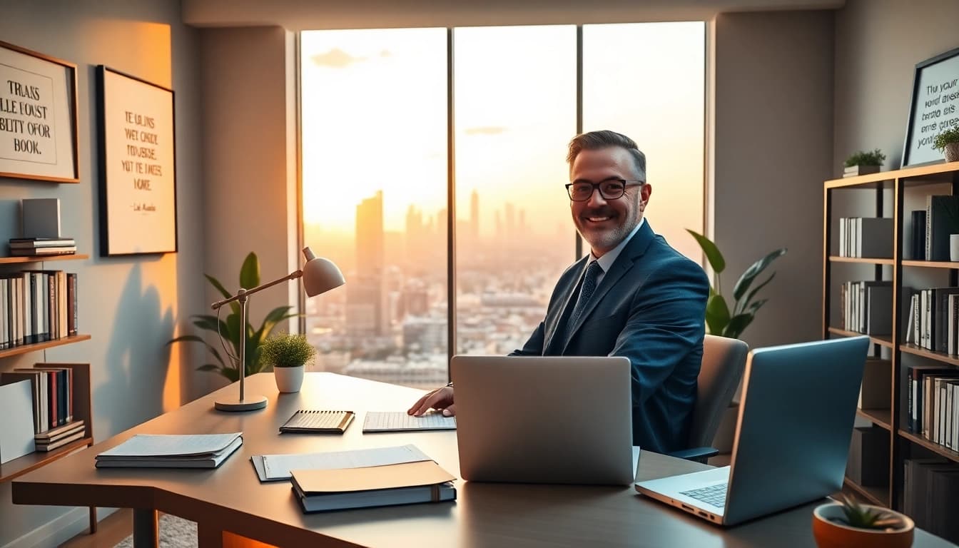 Business coach Los Angeles guiding clients in a bright and motivational office.