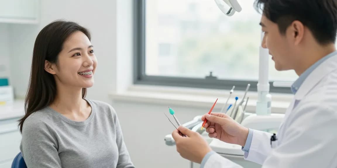 Adult smiling with coloured braces during consultation in a bright dental office.