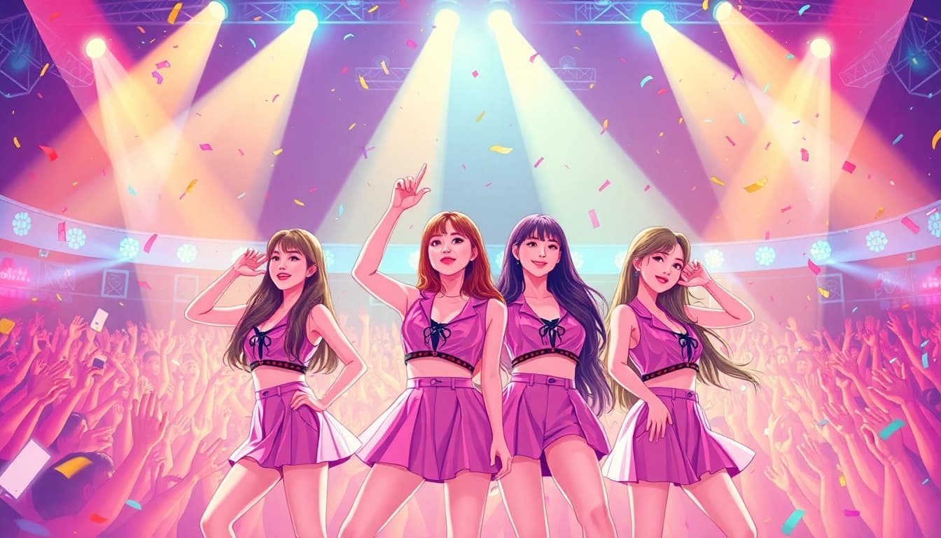 Engaging BLACKPINK news capturing the group in a vibrant concert atmosphere with lively lights.