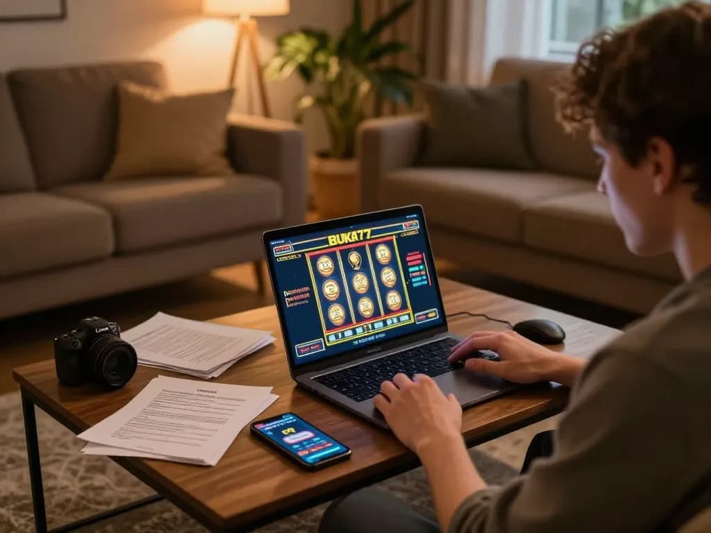 Engaging with BUKA77 on laptop for an exciting online gaming experience while practicing responsible gambling.