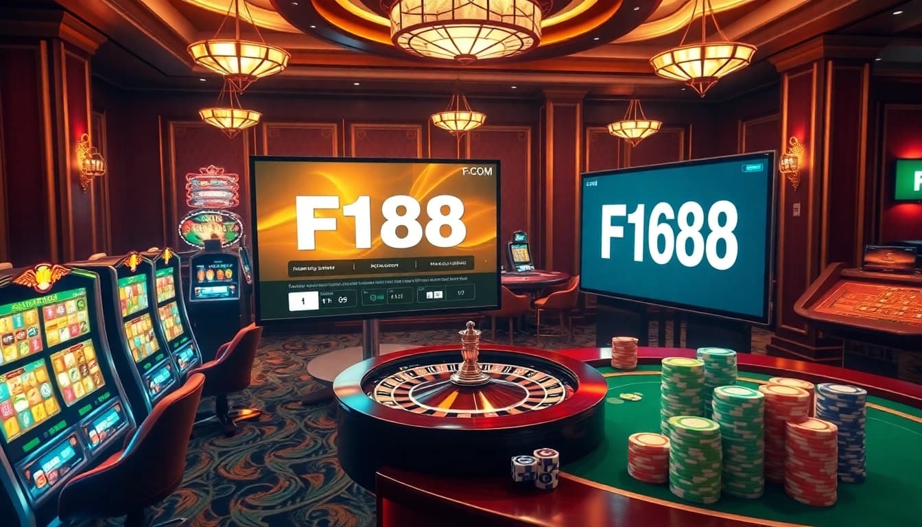 Capture the excitement of gambling at F168.COM with a vibrant online gaming interface featuring slot machines and poker tables.