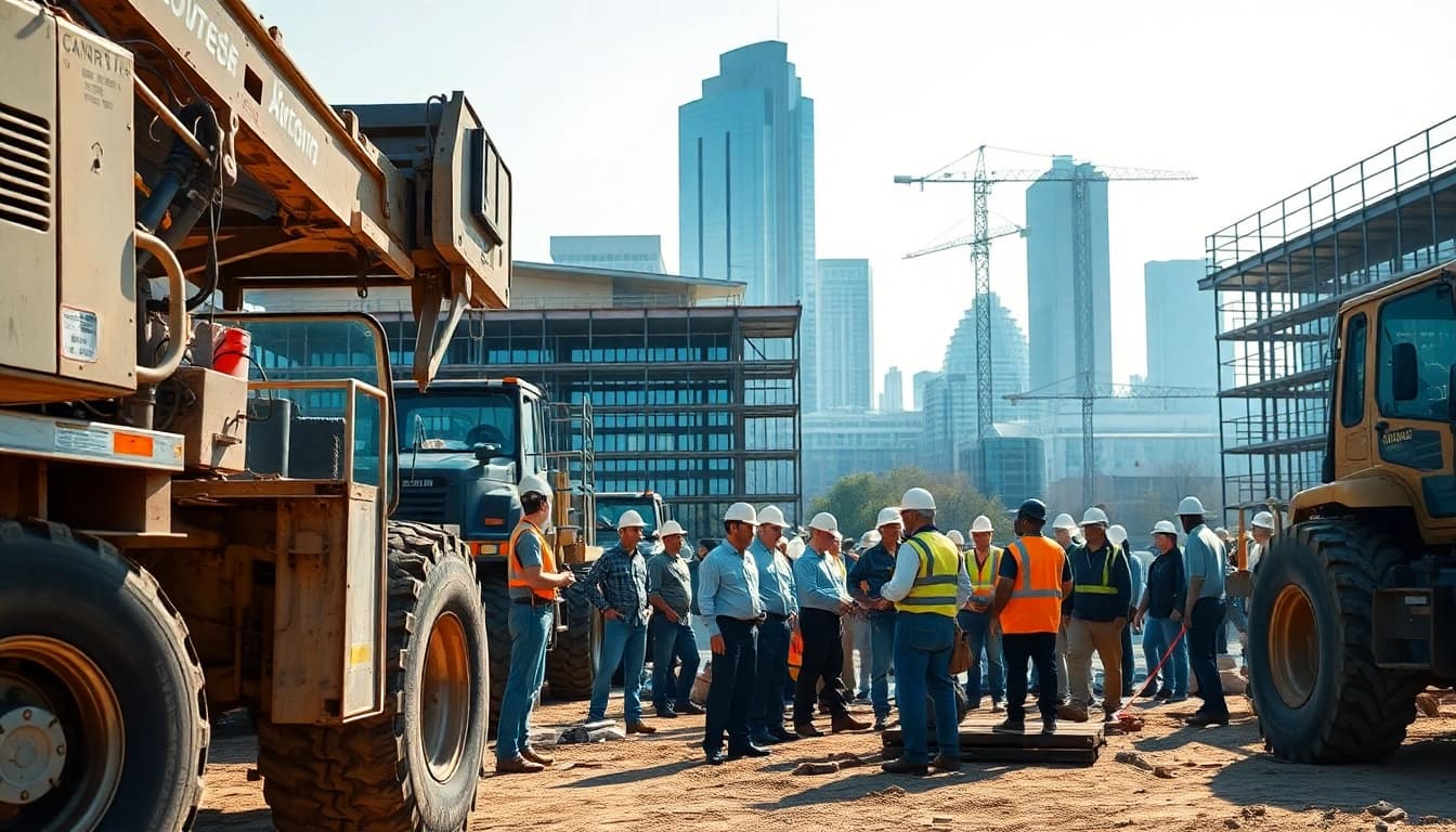 Workers engaging in Austin construction activities on a busy site with heavy machinery.