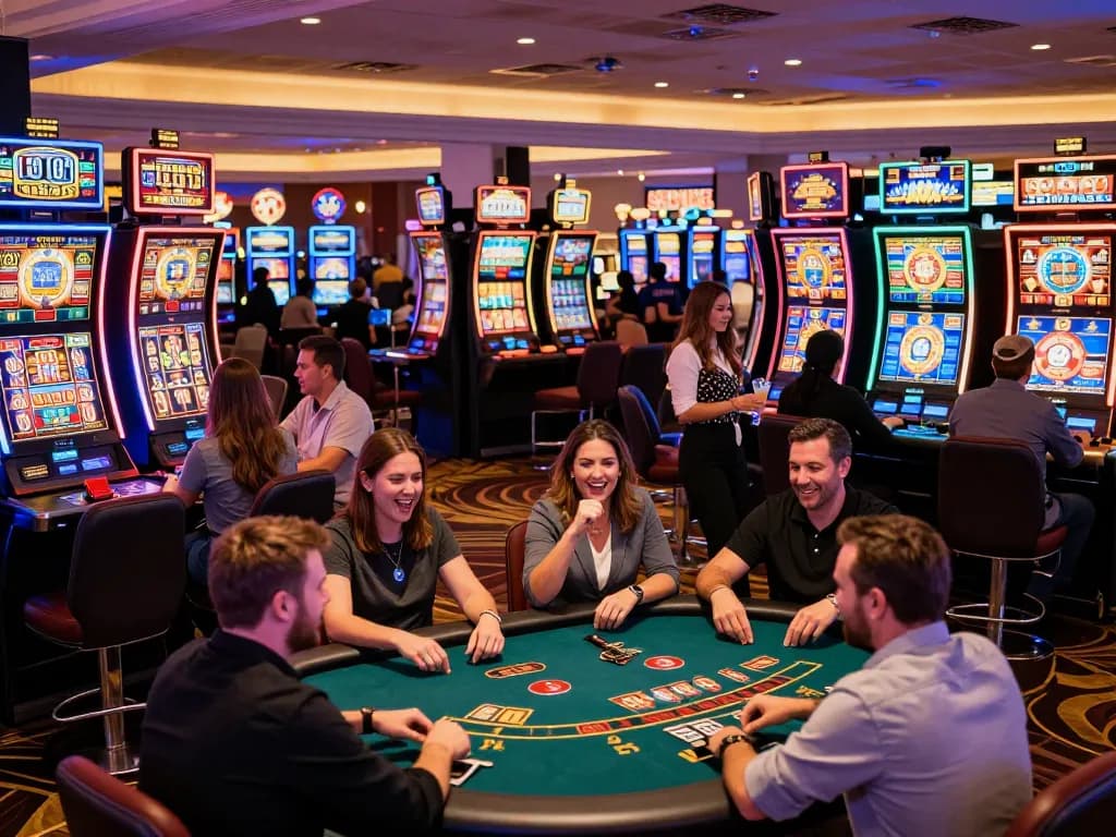 Pemain merayakan kemenangan di mesin slot sambil menikmati suasana yang semarak di kasino Paris888.