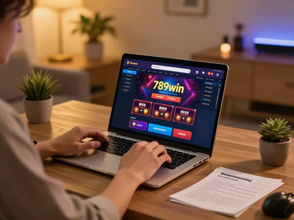 Player enjoying an online game at home with 789win on the laptop display amid cozy decor.
