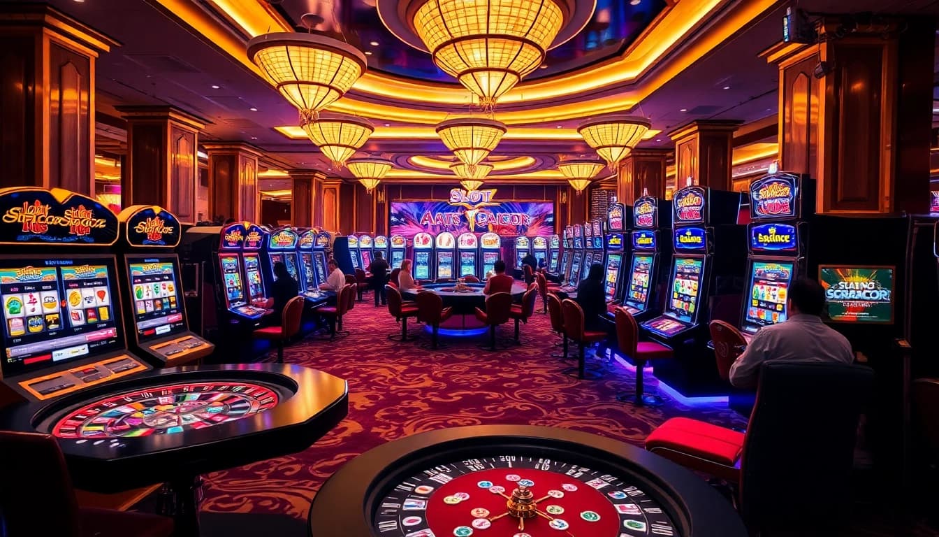 Experience the excitement of Slot Gacor in a vibrant casino setting with colorful machines and eager players.