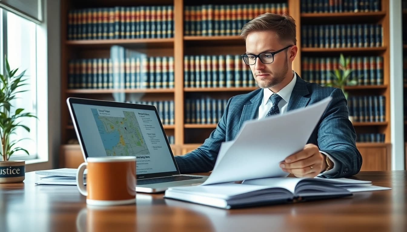 Empowered eminent domain lawyer analyzing property impact documents in a modern office.