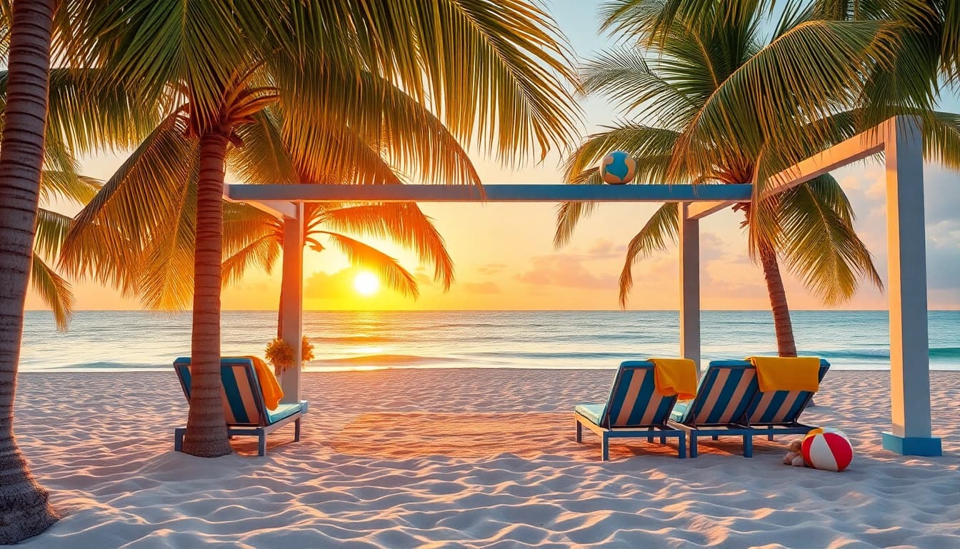 Enjoy a relaxing coastal cabana with palm trees and beach chairs during sunset.