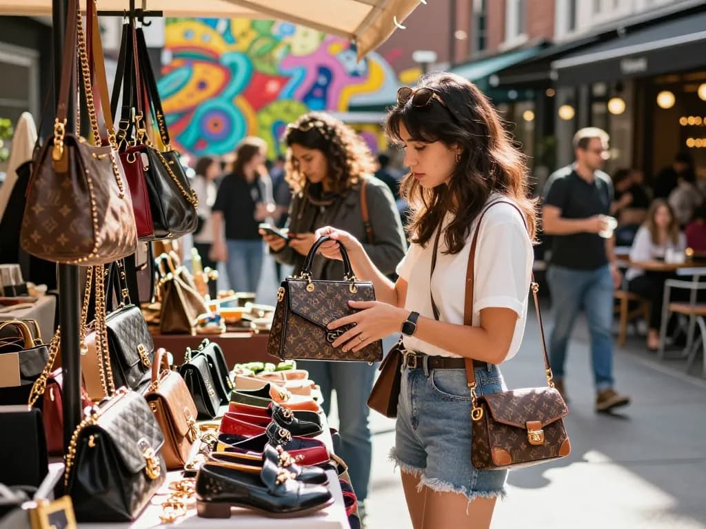 Shopping for trendy 레플리카 handbags in a vibrant urban market atmosphere.