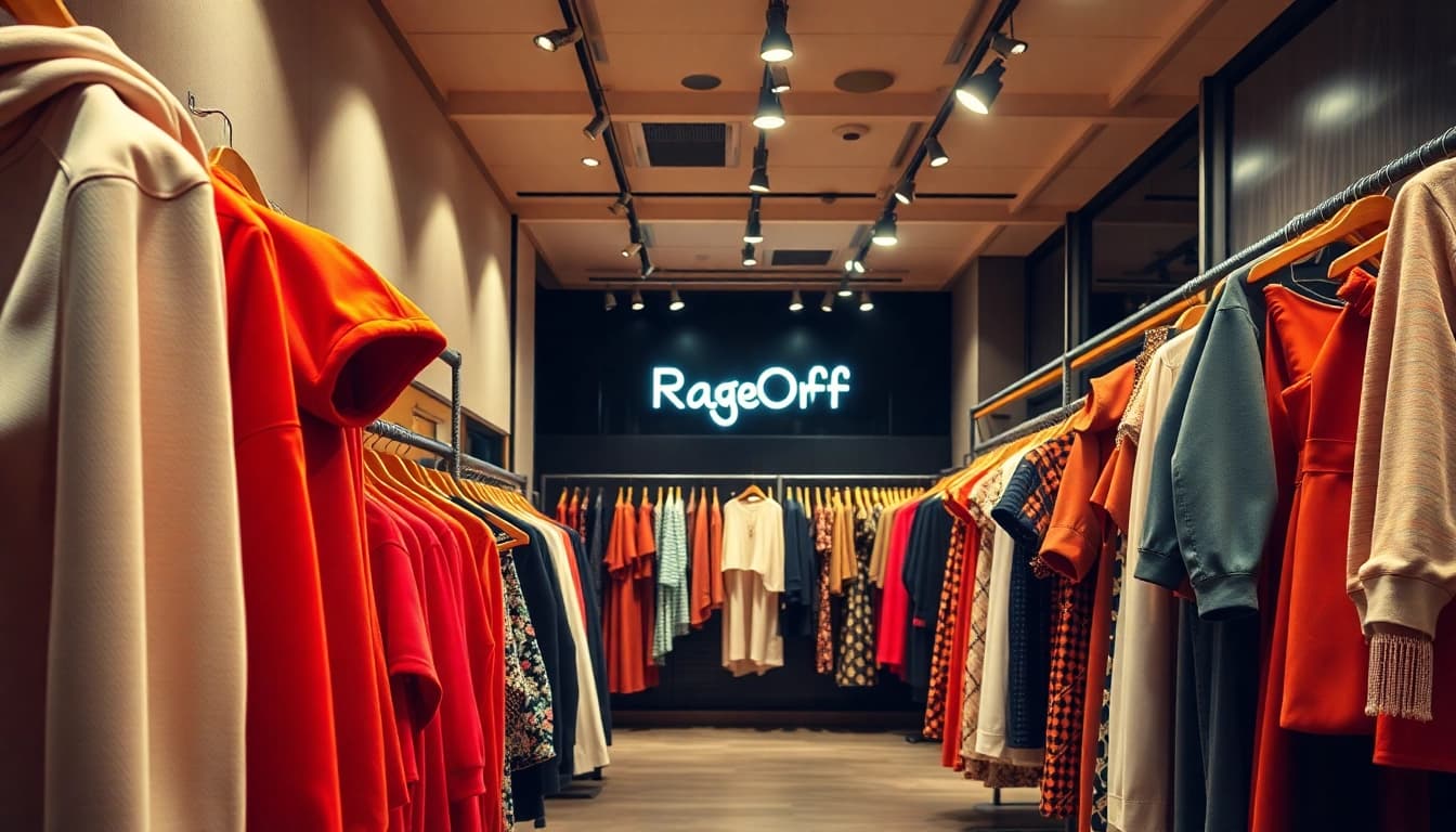 Stylish interior of RageOff store showcasing luxury apparel and accessories.