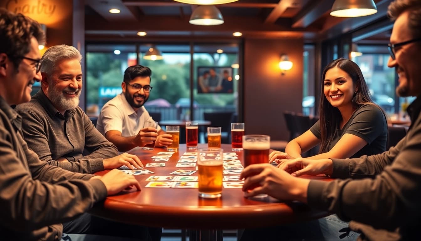 Enjoying a thrilling game of Ok Rummy with friends at a lively café.