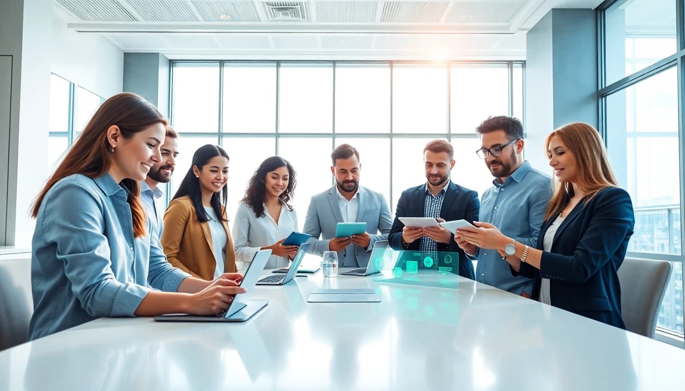 Showcasing enterprise search ai in a collaborative workspace with diverse team members integrating technology.