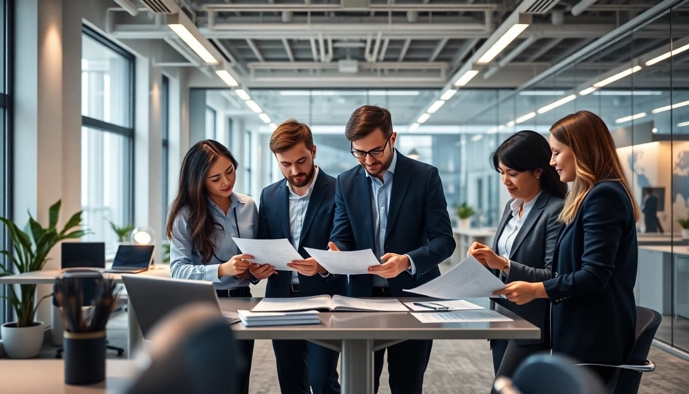 Corporate Tax Return Filing professionals collaborating in a modern office setting, showcasing teamwork and precision.
