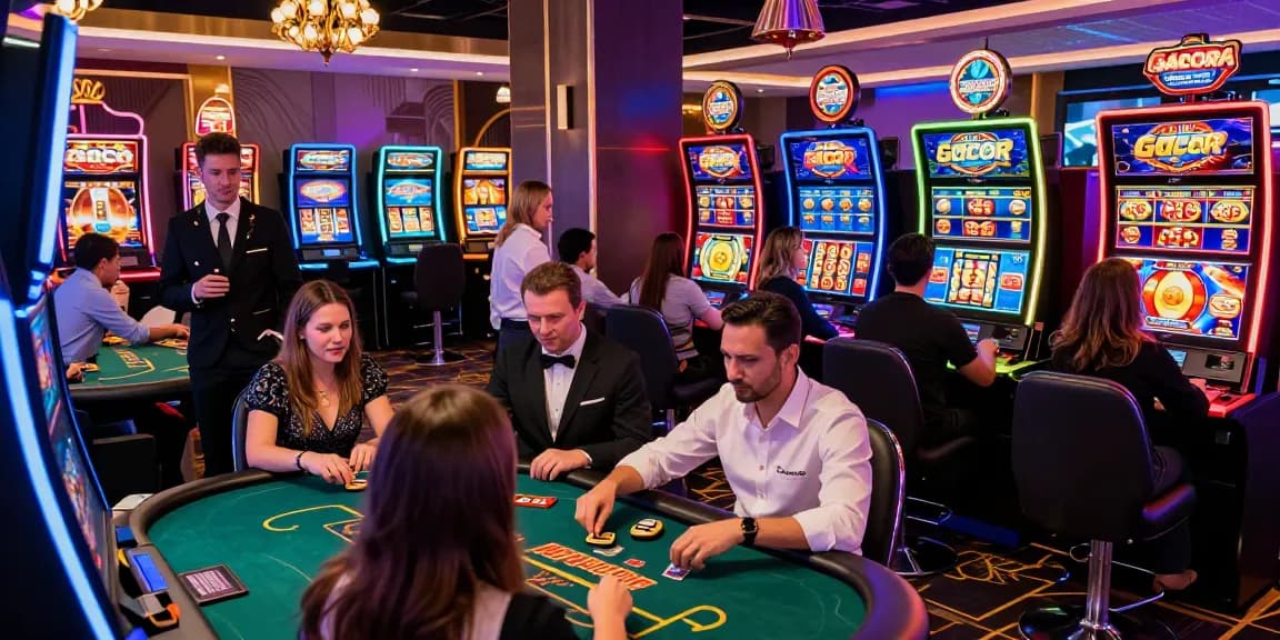 Exciting slot gacor gaming scene with players at a vibrant online casino, engaging in thrilling games and winning experiences.