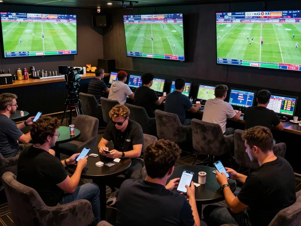 Kqbd hôm nay highlights fans eagerly checking live betting odds in a sports lounge