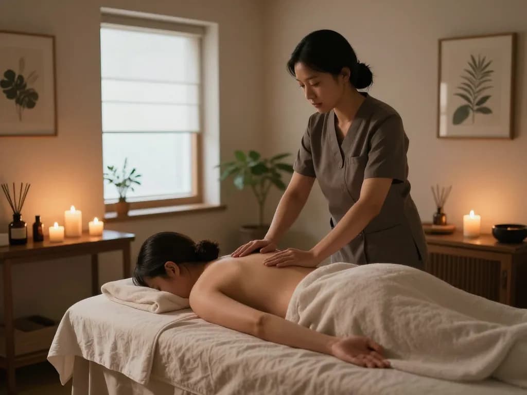 편안한 조명과 진정되는 장식이 있는 고요한 스파에서 신사동마사지 치료 세션.