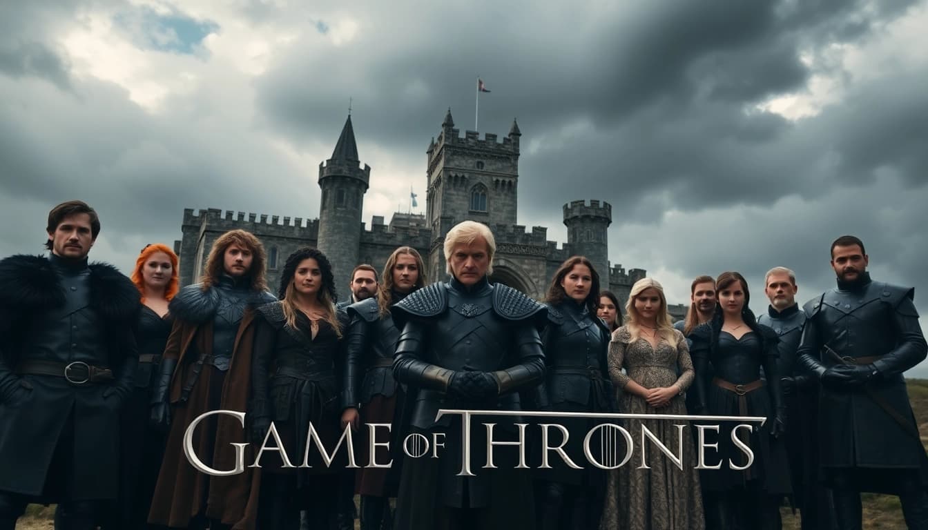 Showcasing the Game of Thrones cast in their iconic roles and costumes.