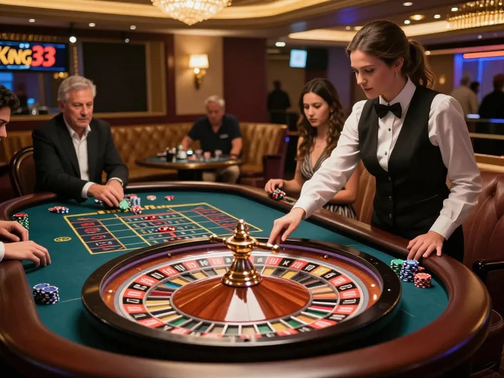 King33 players engaging in a thrilling roulette game with a spinning wheel in the lively casino.