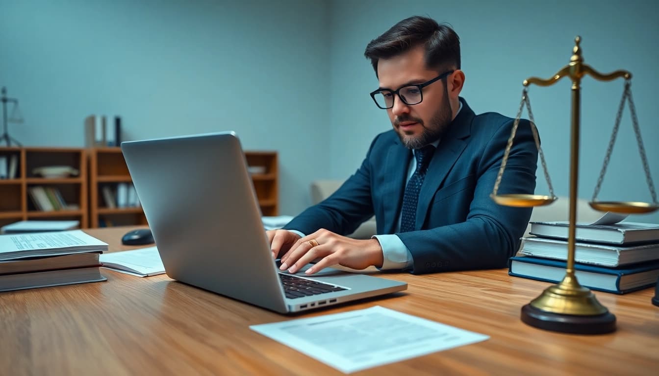 Engaged lawyer utilizing Automated Legal Notice Generation software in a modern office.
