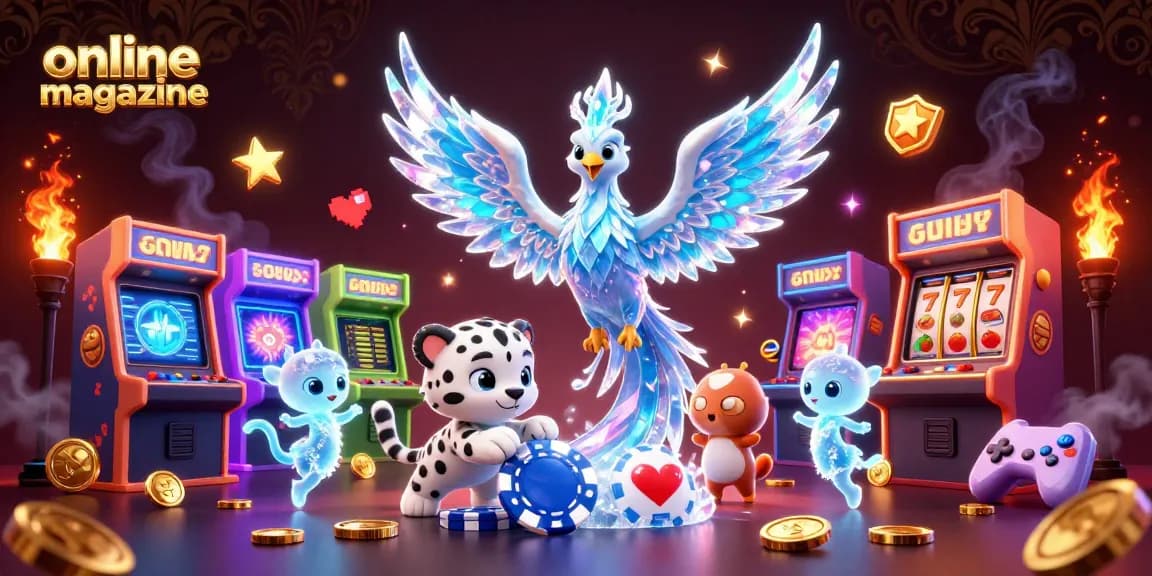 Engage with this online magazine illustration showcasing vibrant casino gaming elements and charming characters.