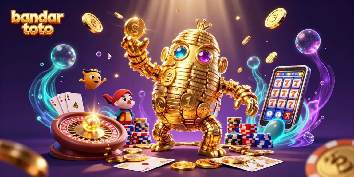 Engage in exciting gameplay with bandar toto featuring golden golem, poker chips, and slot reels.