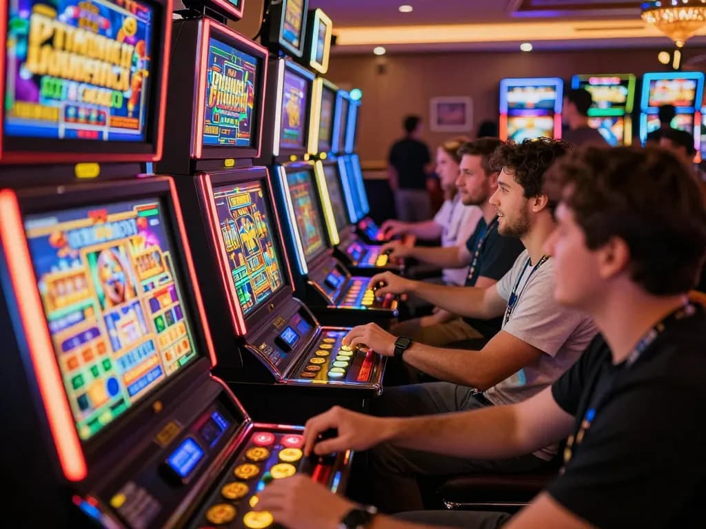 Engaged players trying their luck at slot gacor hari ini machines in a vibrant casino atmosphere.