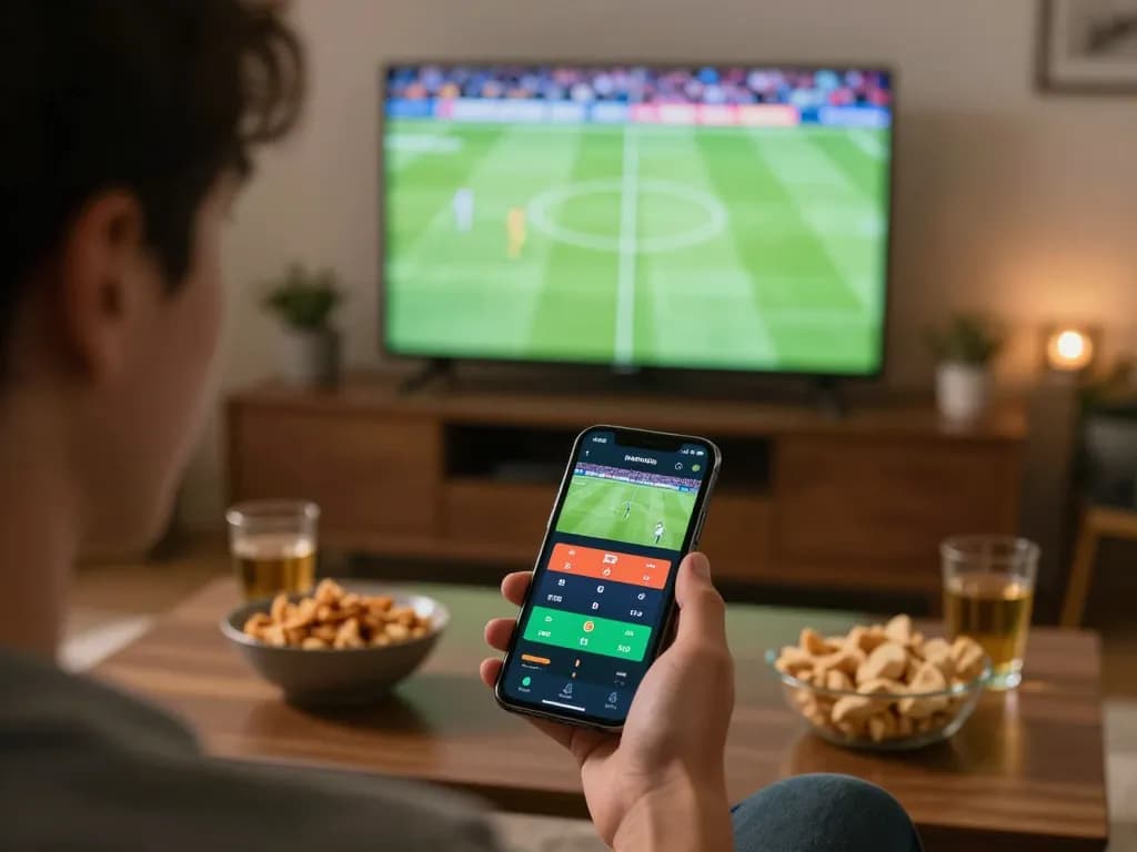 Kèo nhà cái 5 betting action showing user placing sports bets on mobile app in cozy living room.