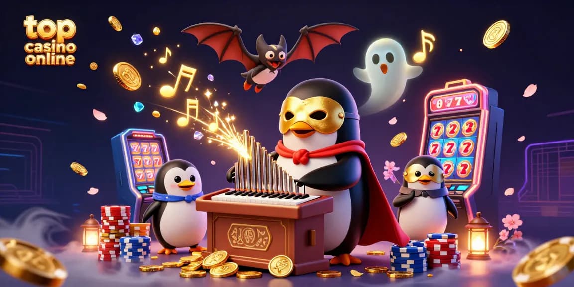 Joacă la top casino online cu un pinguin fantomă în timp ce câteva sloturi se înghesuie în jurul său.