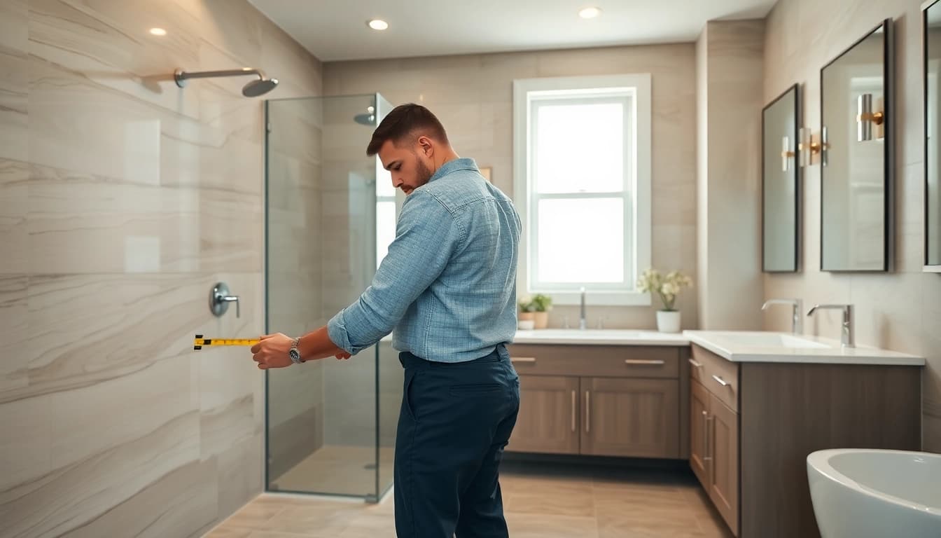 Bathroom remodeling specialist measuring for new fixtures in an elegant bathroom.