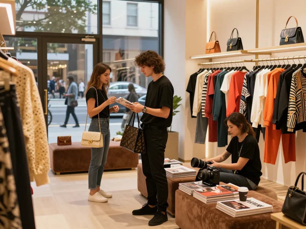 Shoppers exploring 레플리카 luxury fashion items in a stylish urban boutique.