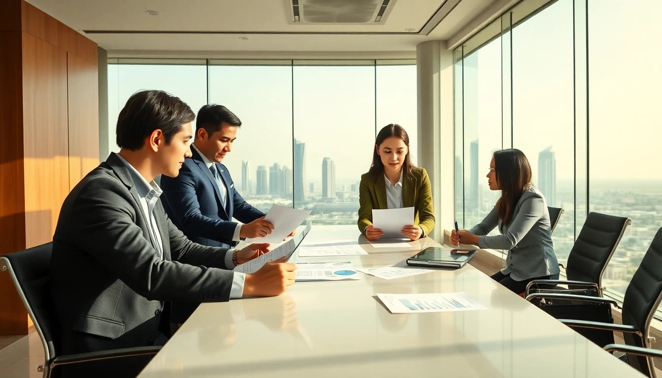 Engaging team discussing Corporate Tax Consultancy in Abu Dhabi in a modern office setting.