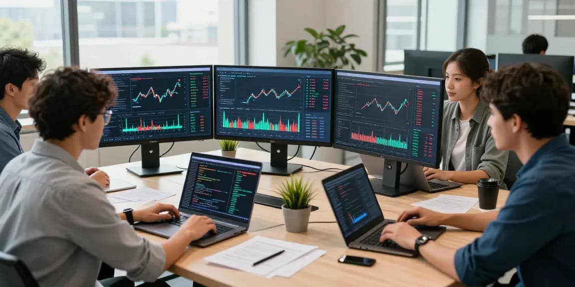 Dynamic fintech data integration service development team collaborating on innovative financial APIs in a modern workspace.