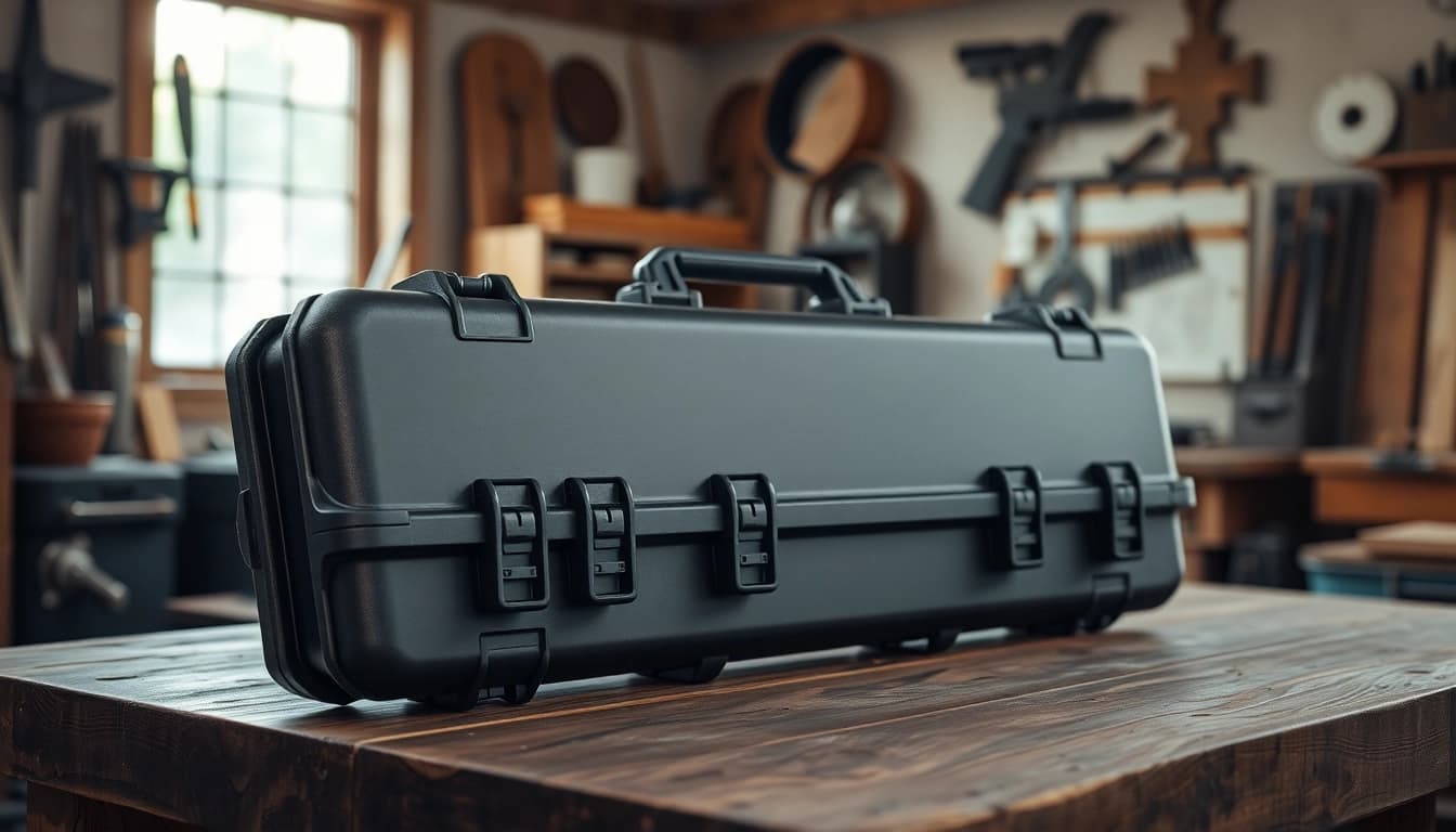 Showcase a pelican rifle case on a wooden table in a workshop, highlighting durability and craftsmanship.