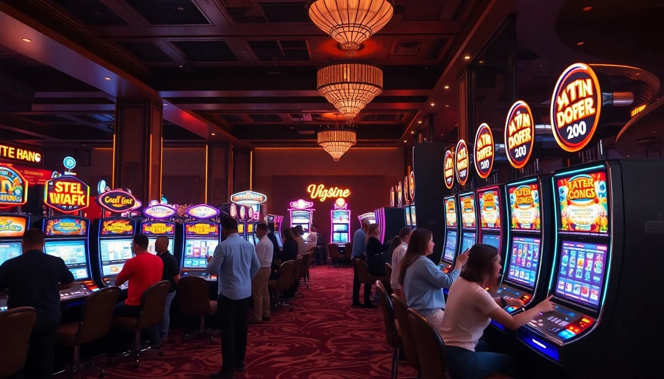 Engaging atmosphere of a Non gamstop Casino Uk with vibrant slot machines and excited players.