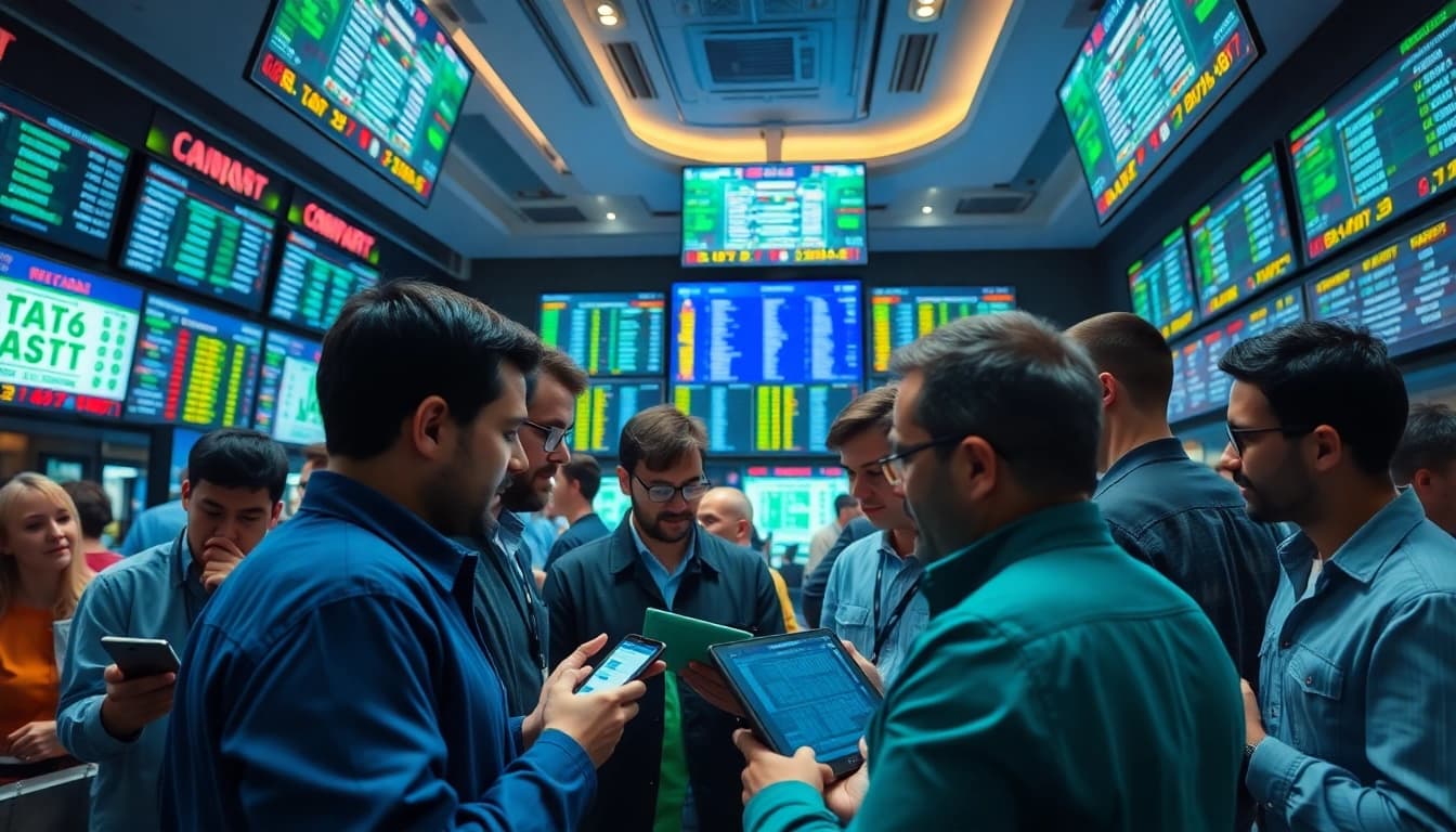 Engaged bettors discussing odds in a dynamic sports betting Canada environment.