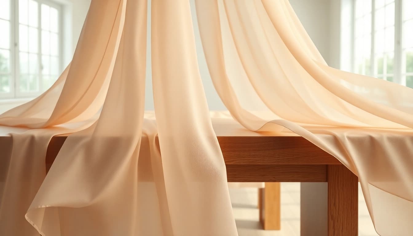 Chiffon stof mooi gevouwen op een tafel, benadrukt de delicate textuur en elegantie.