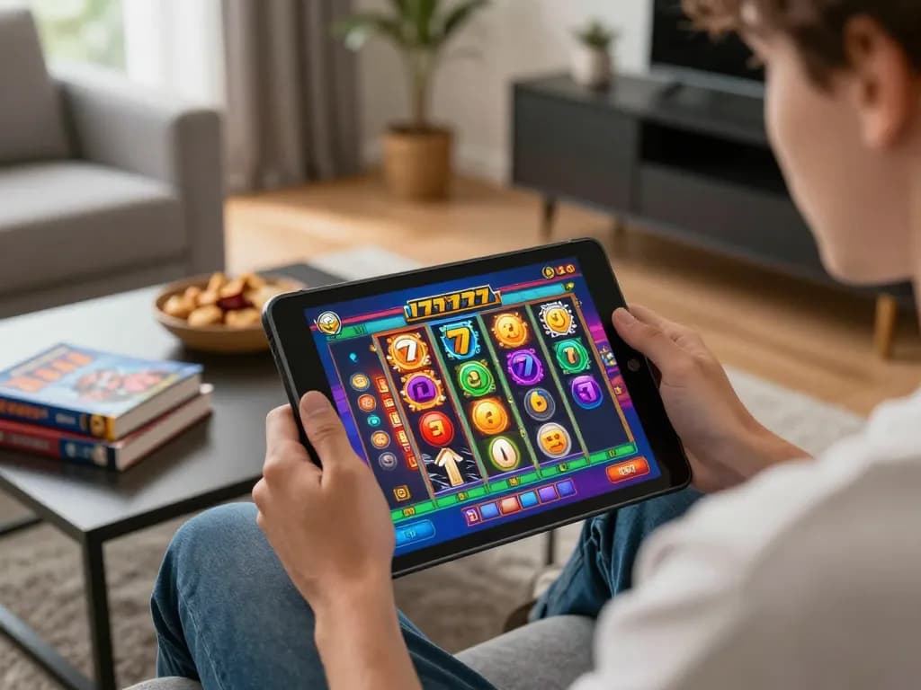 Player spinning reels on slot777 game on tablet in a cozy home environment.