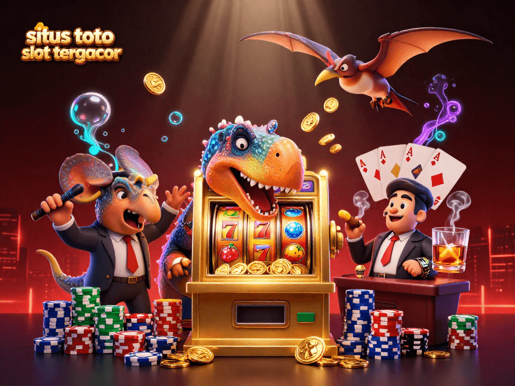 Experience the thrill of situs toto slot tergacor with a cartoon dinosaur winning coins at a vibrant slot machine.