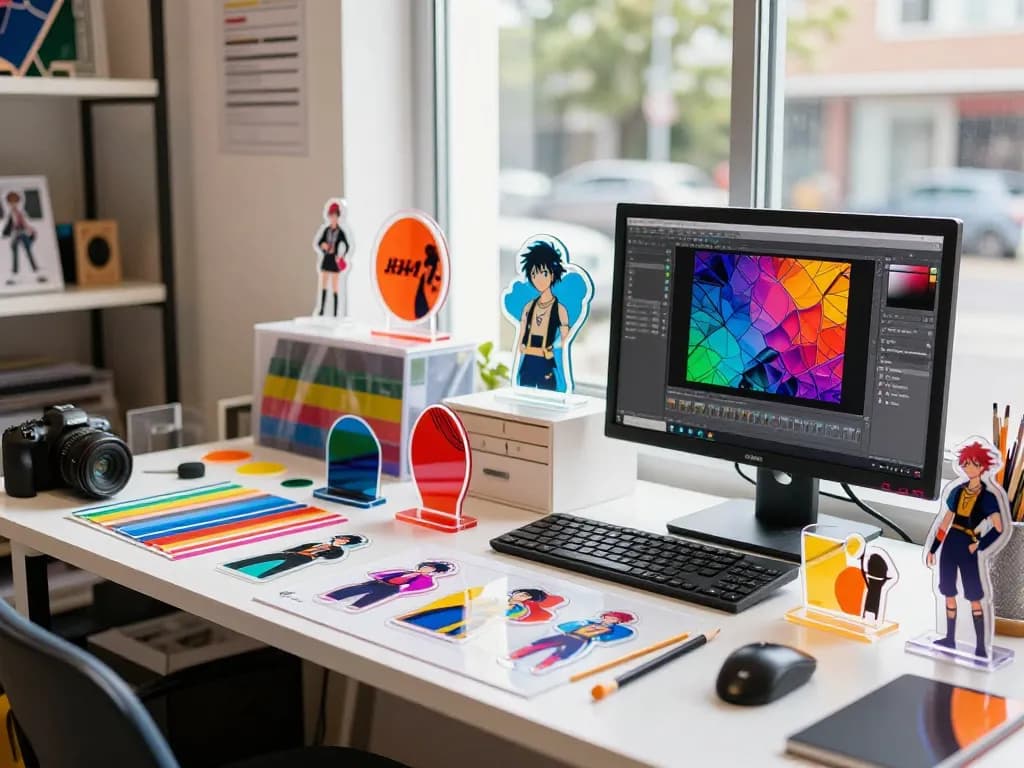 Custom acrylic stand designs in a creative workspace highlighting acrylic stand.