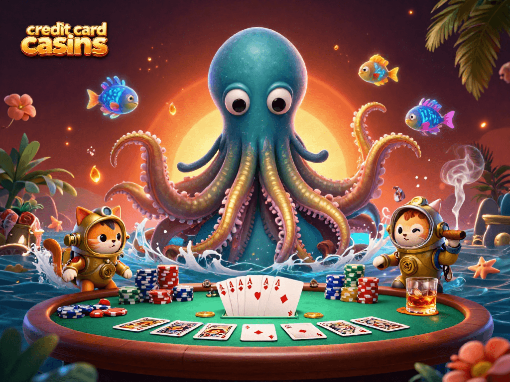 Engage with credit card casinos featuring an epic kraken, vintage diving cat, and poker elements.