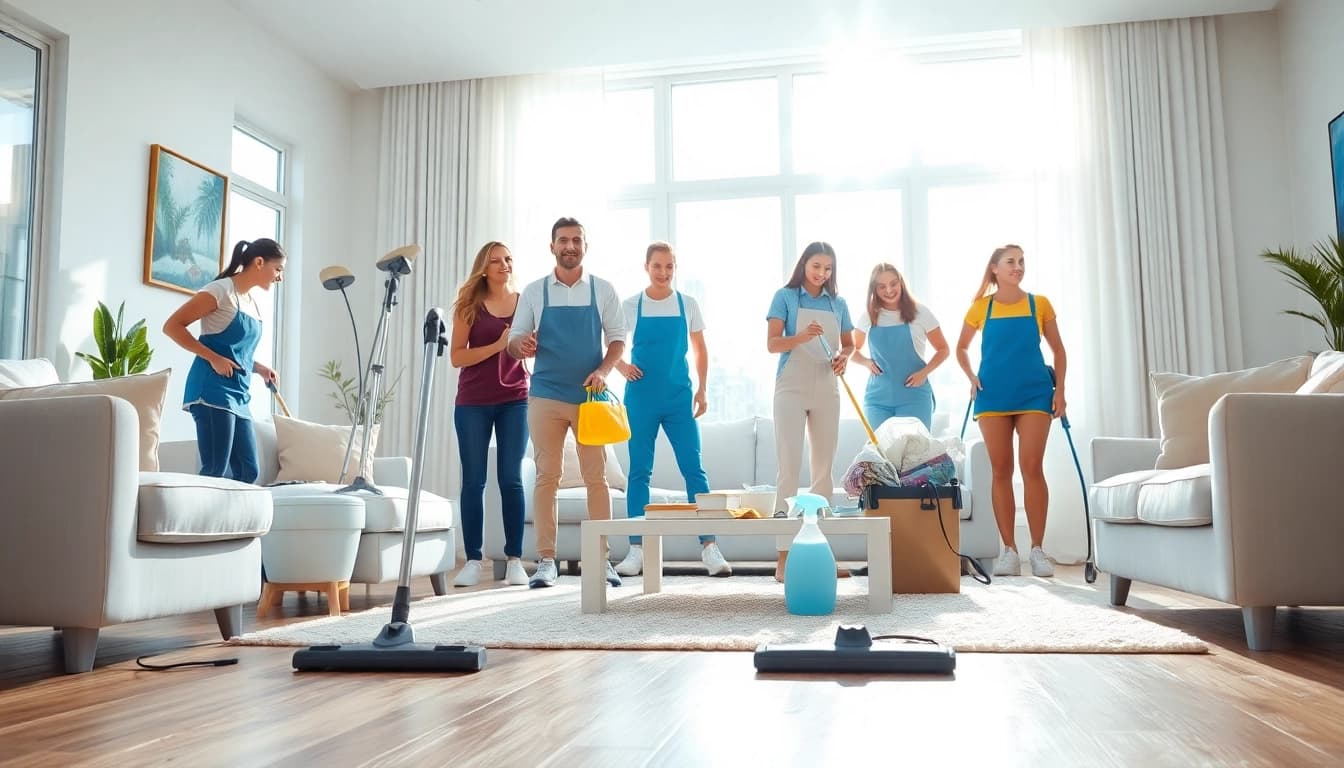Providing thorough Cleaning Service in a bright living room with professional cleaners actively working.