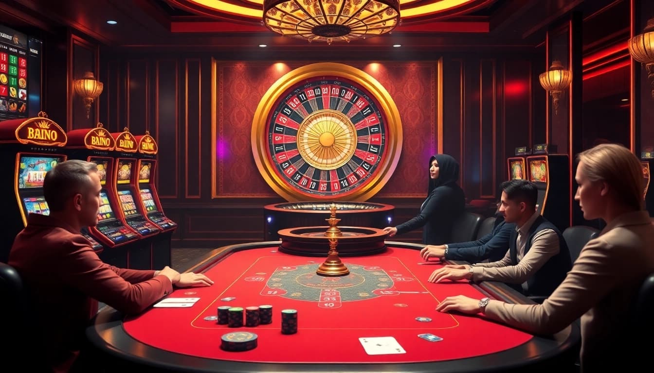 Experience high-stakes gaming at RR88, showcasing intense poker action and vibrant slots.