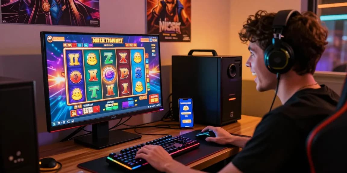 Engaging scene of an online gaming setup with slot deposit 1000 opportunities on screen, showcasing vibrant slot machine interface and excited player.