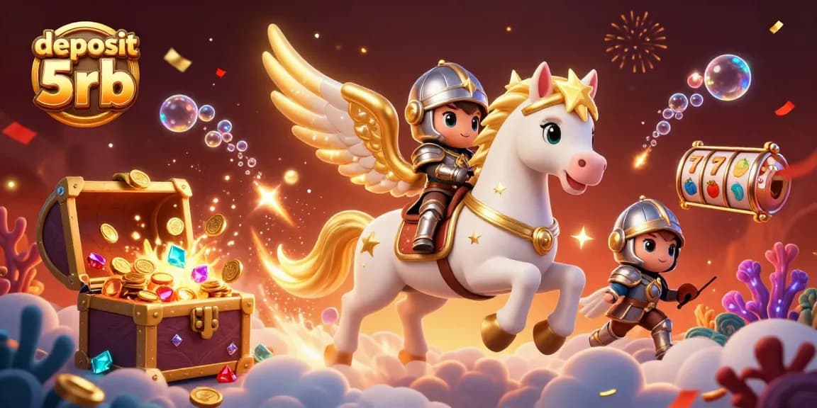 Engage with deposit 5rb gaming action in this vibrant illustration showcasing a celestial horse and knight.